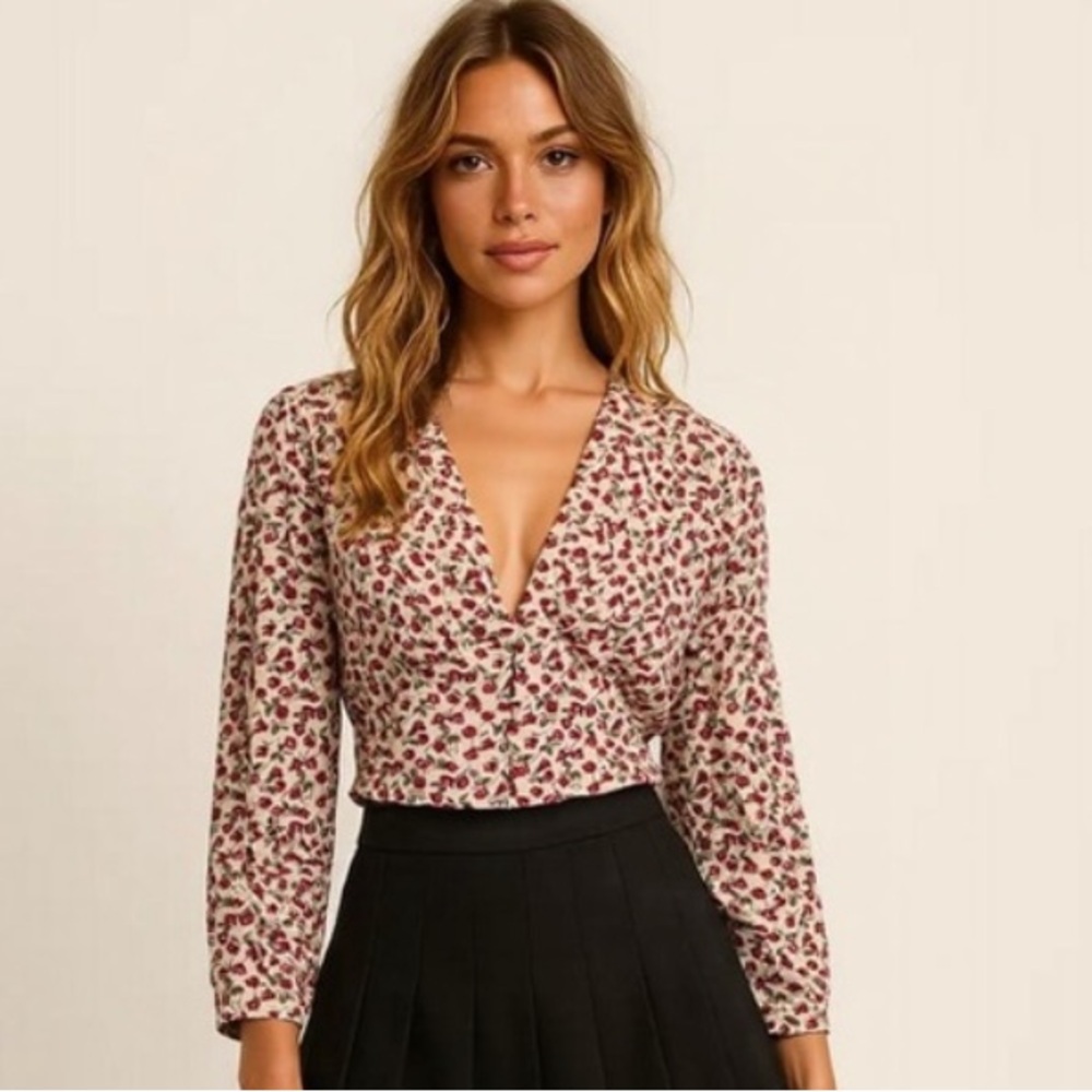 Floral Print Plunge Neckline Cropped Blouse